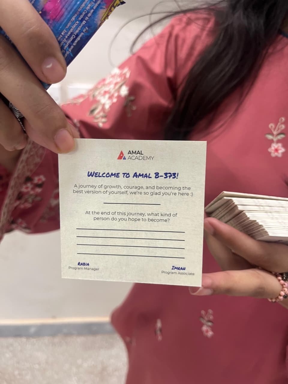 Day 1 welcome card of Amal B-373